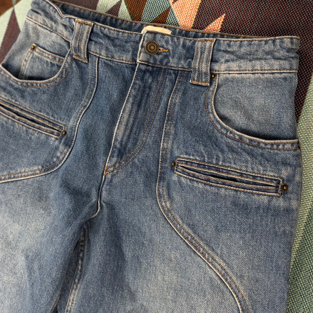 $695 ISABEL MARANT BETIANE JEANS size 40 Wide Leg Zip Fly Unique Stitching Logo - Picture 6 of 11